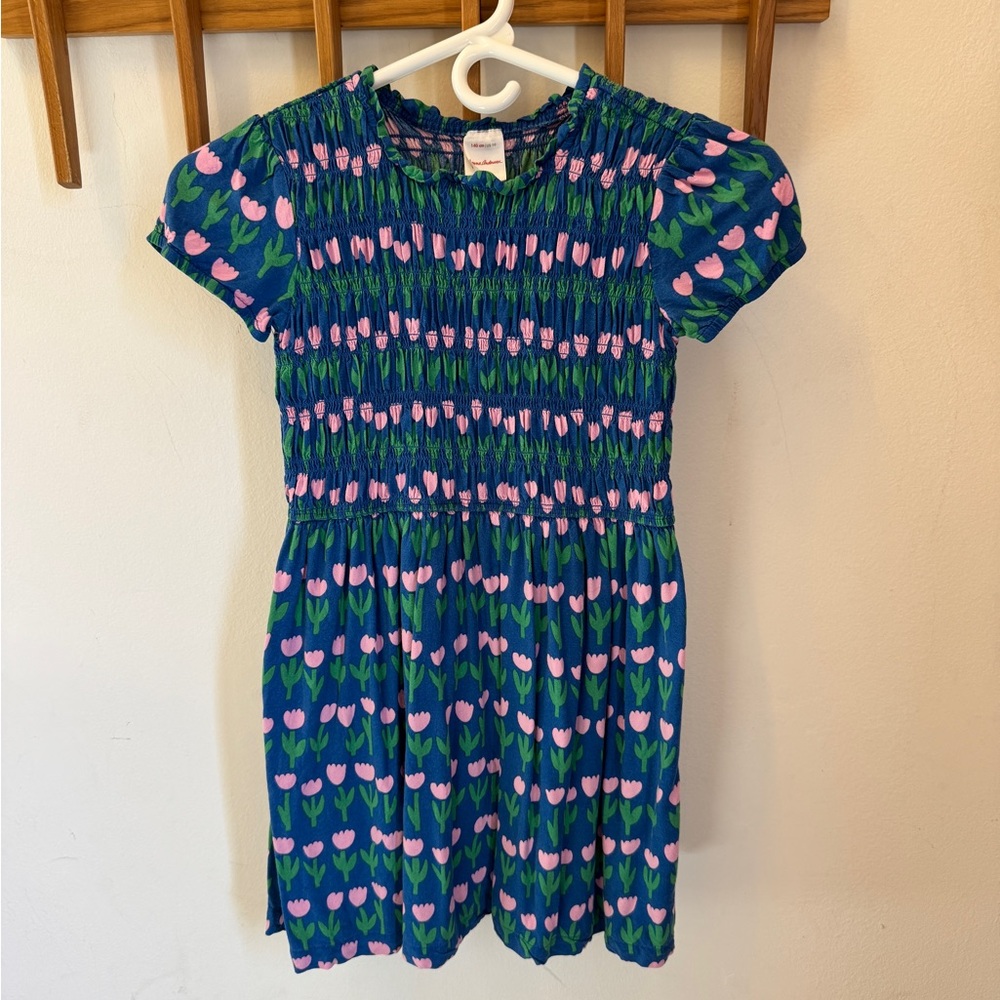 Hanna Andersson Smocked Blue, Pink & Green Tulip Dress, size 10
